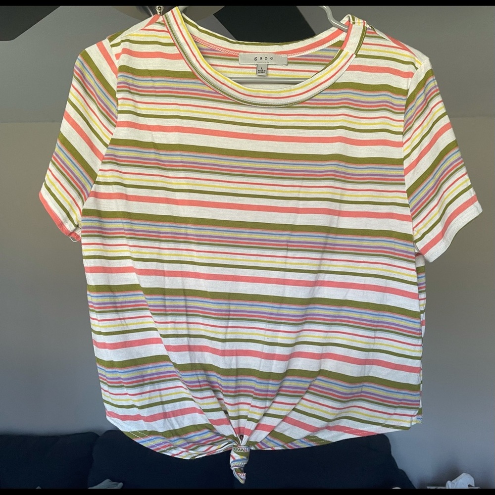 Size L (fits like a M), stripped, gaze brand shirt with adjustable front knot.